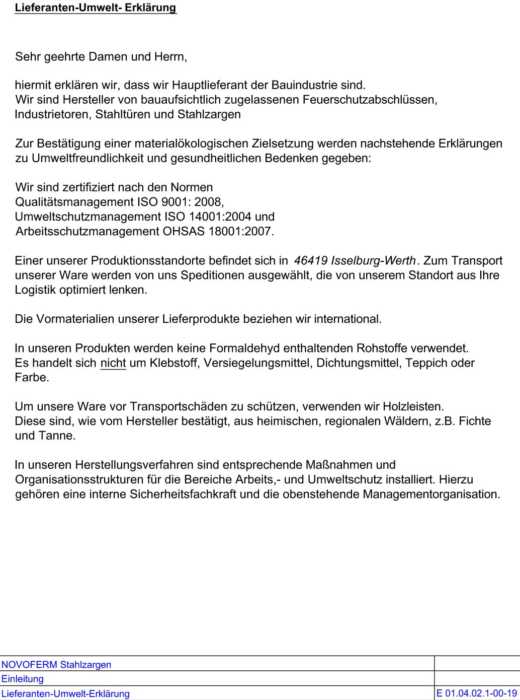 Lieferanten Umwelt Erklaerung