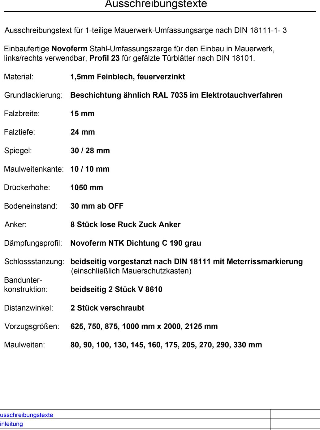 Umfassungszarge Ausschreibungstexte
