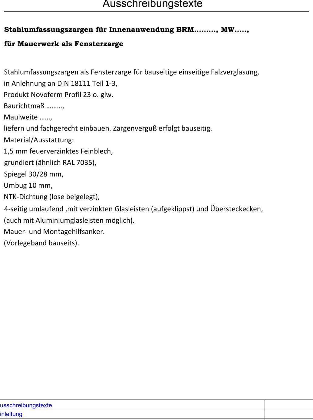 Fensterzarge Ausschreibungstexte