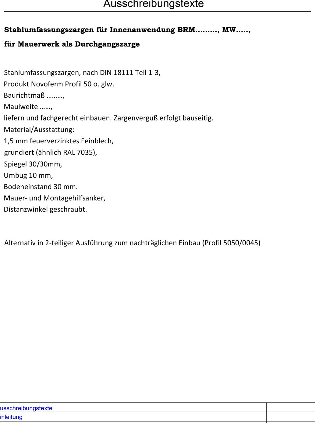 Durchgangszarge Ausschreibungstexte