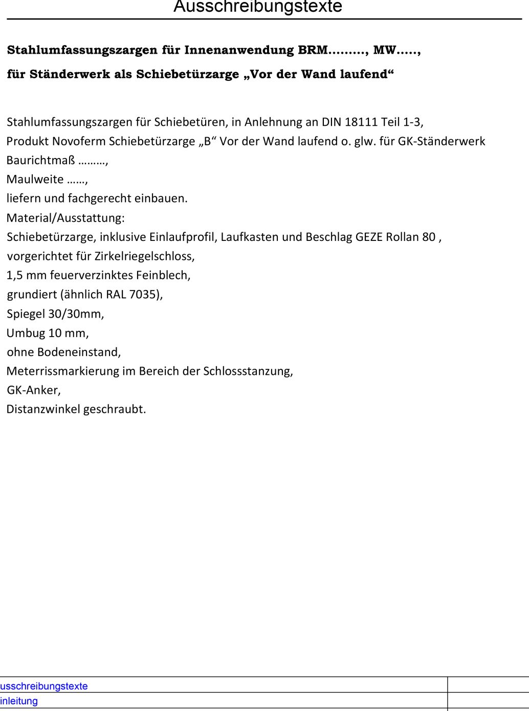 Schiebetuerzarge v.d. Wand laufend Ausschreibungstexte