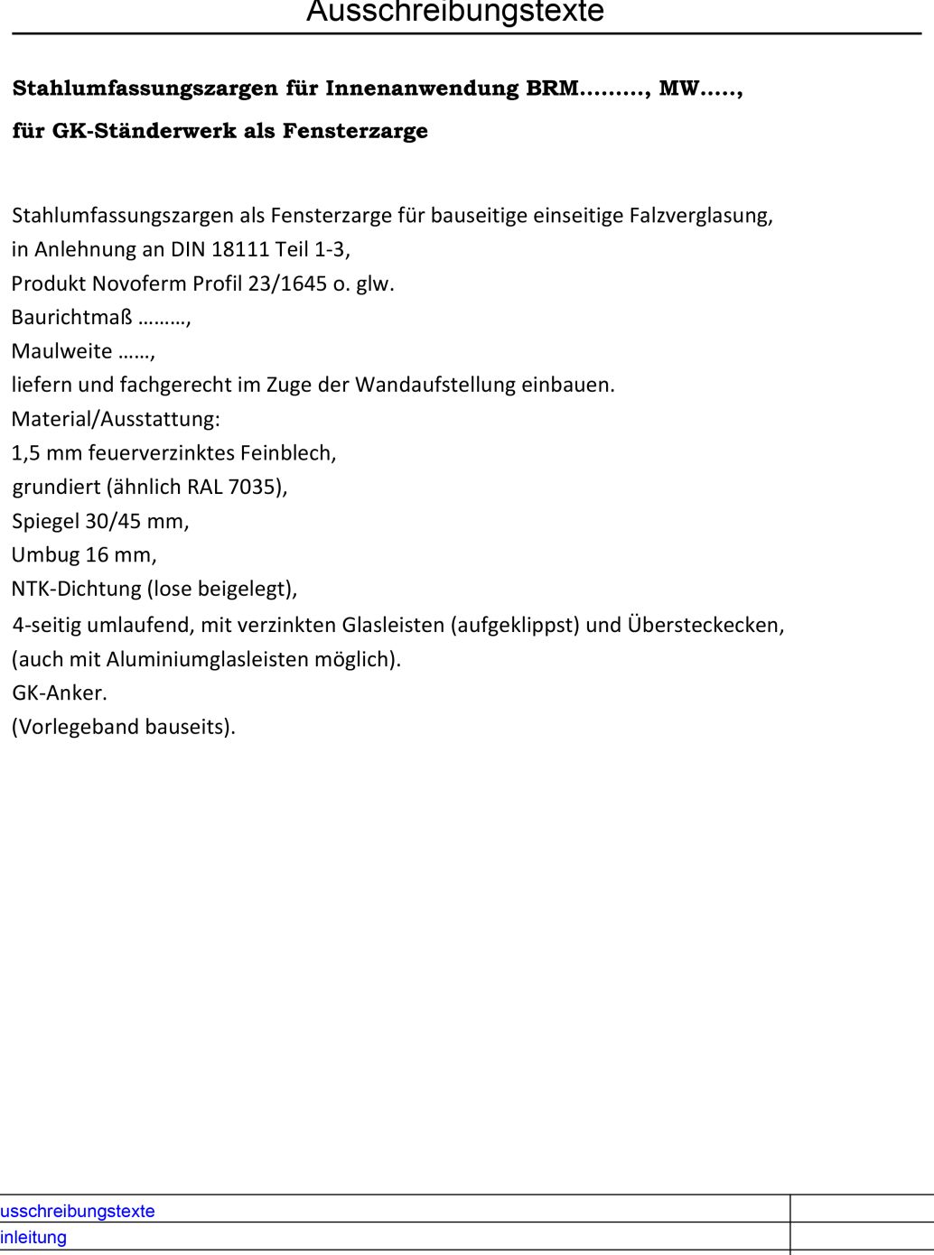 Fensterzarge Ausschreibungstexte