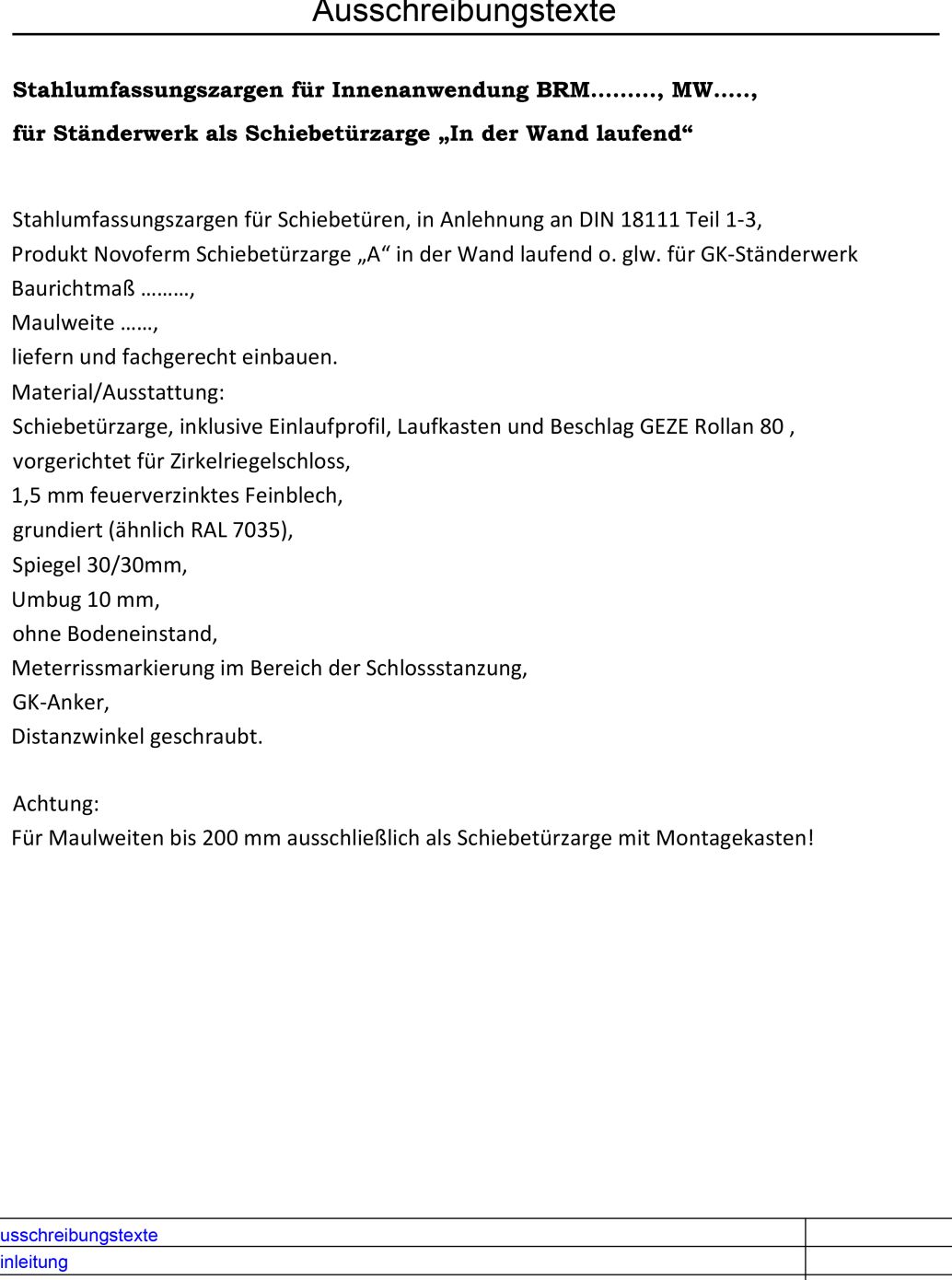 Schiebetuerzarge i.d. Wand laufend Ausschreibungstexte