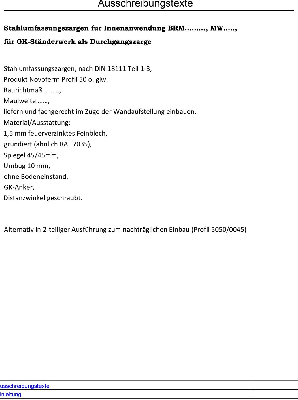 Durchgangszarge Ausschreibungstexte