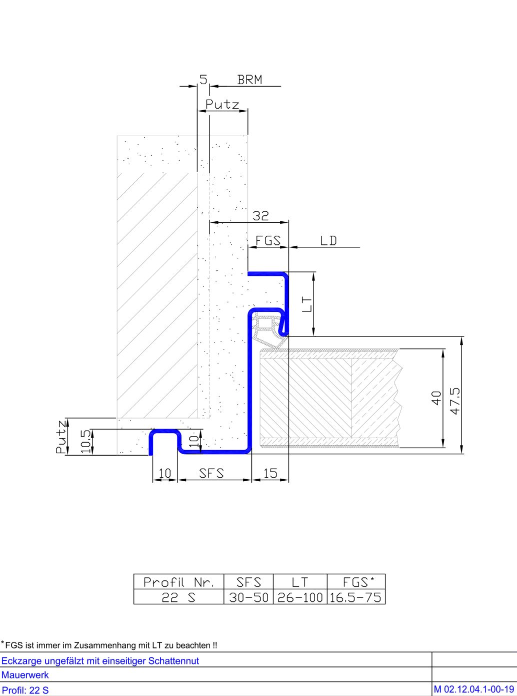 Eckzarge mit einseitiger Schattennut