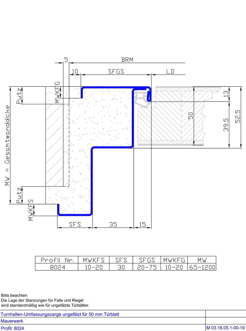 Turnhallen-Umfassungszarge fuer 50 mm Tuerblatt