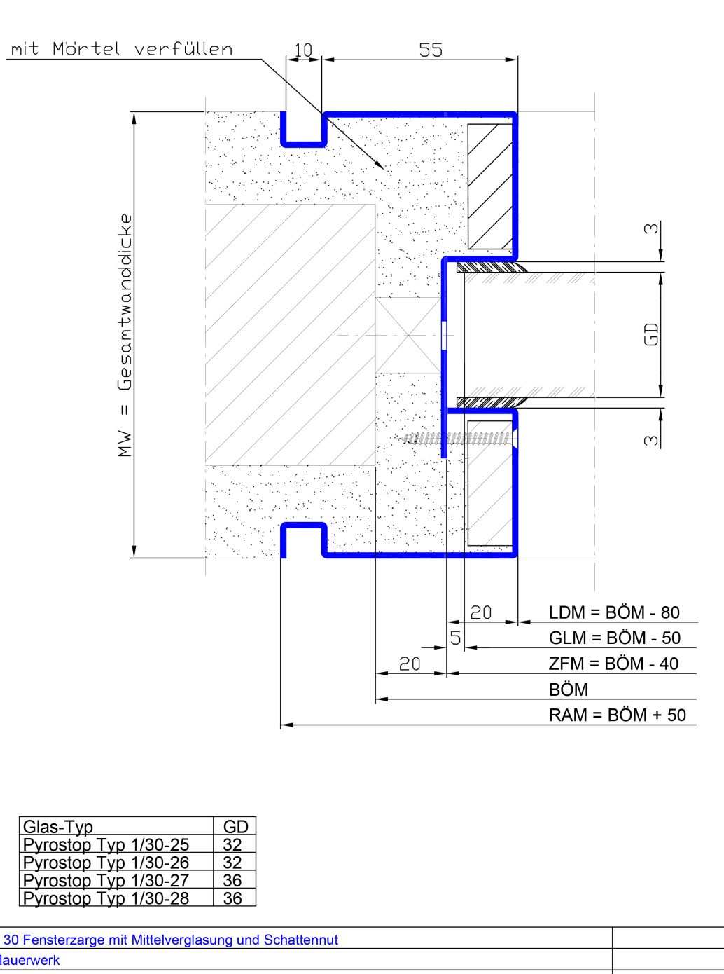 2-teilig Mittelverglasung Schattennut
