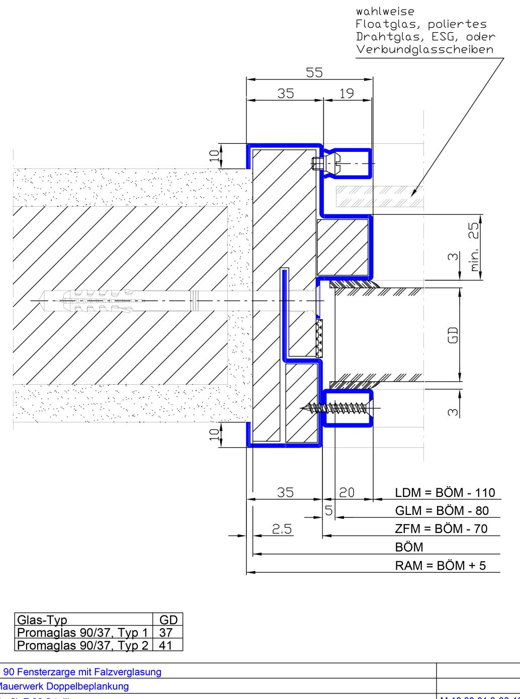 2-teilig Falzverglasung beidseitig