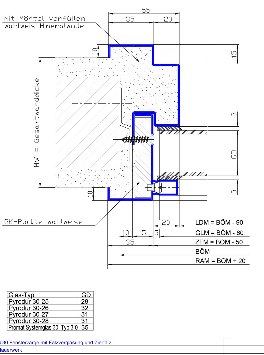 2-teilig Falzverglasung Zierfalz