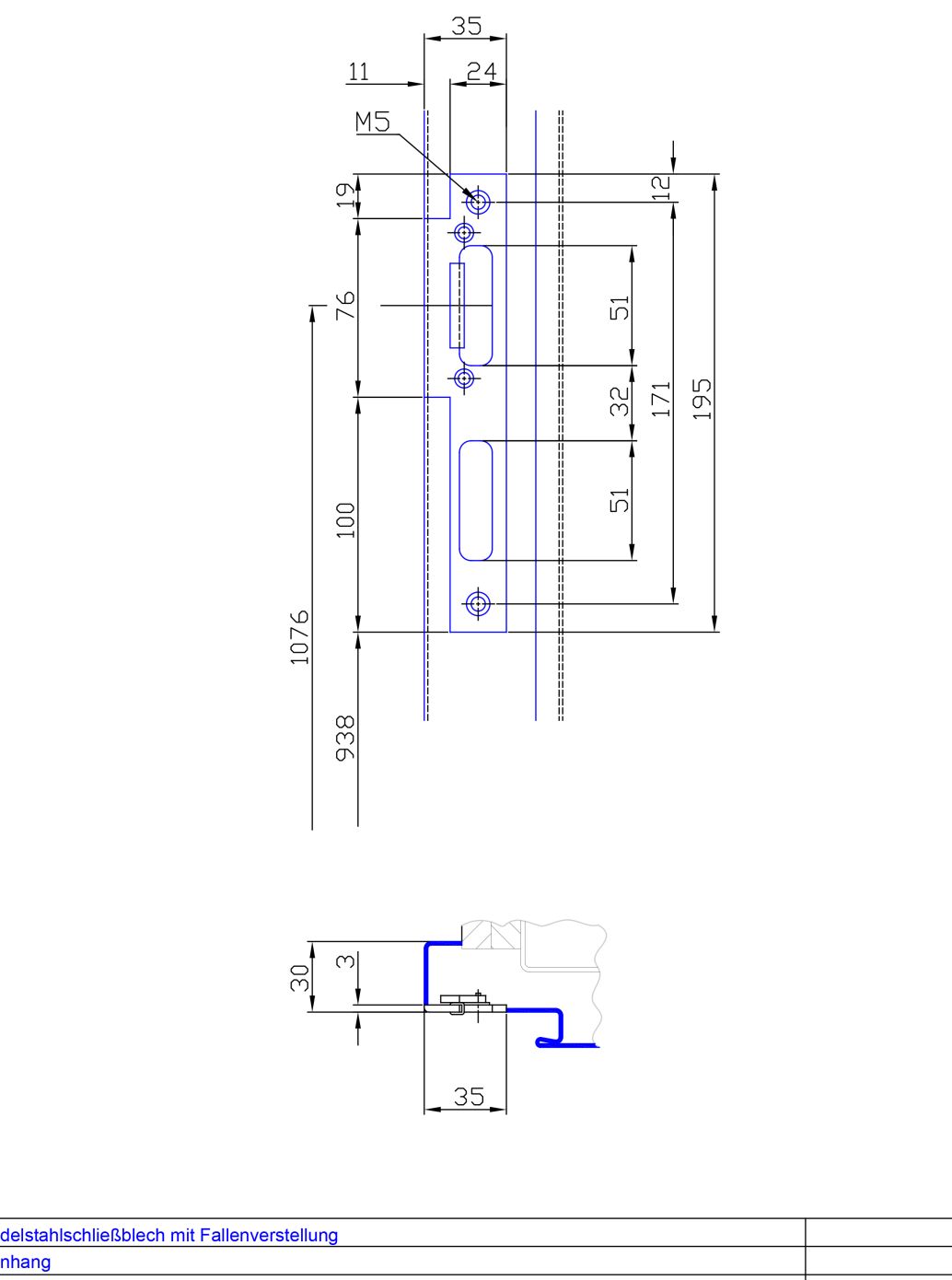 Edelstahlschliessblech mit Fallenverstellung ungefaelzt